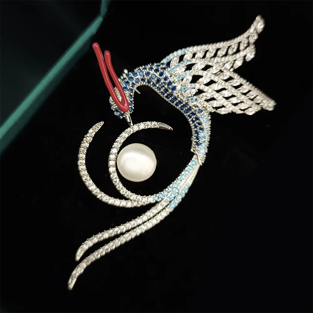

Luxury Full Zirconium Fire Phoenix Broochpins Atmospheric Fashion Zircon Bird Brooch Elegant Freshwater Pearl Animal Corsage Pin