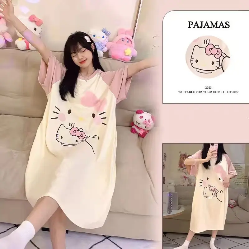 

Anime Cartoon Sanrios Kt Kuromi Cinnamoroll Pompom Purin Girl Nightdress Kawaii Summer Cotton Ins Long Pajamas with Outer Wear