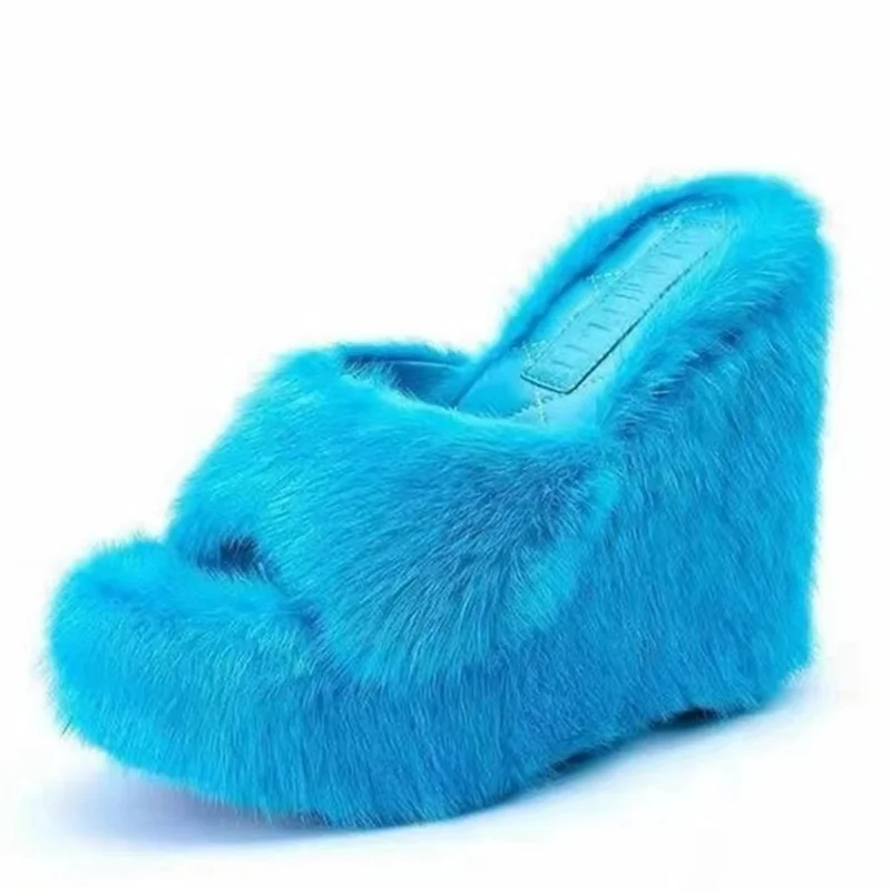 

New Fur Slippers Women's Wedge Heel Shoes Fashion Women High-heeled Furry Drag Outdoor All-match Shoes Slippers Furry Slides