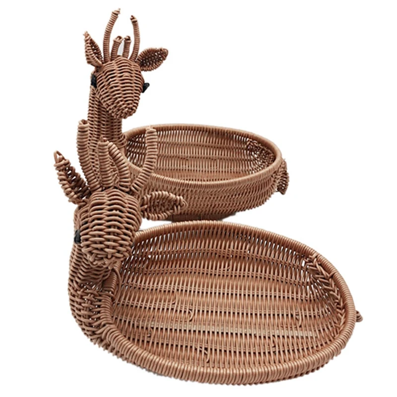 

2Pcs Rattan Woven Fruit Basket, Imitation Deer Bread Basket Fruit Bowls Tray Vegetable Snack Basket - Large & Small