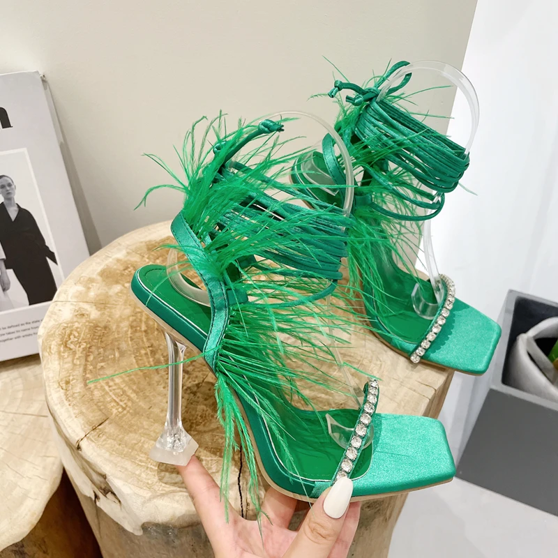 2023 New Roman Fur Rhinestone Square Toe Cross Strap Super High Heel Transparent Sandals Women