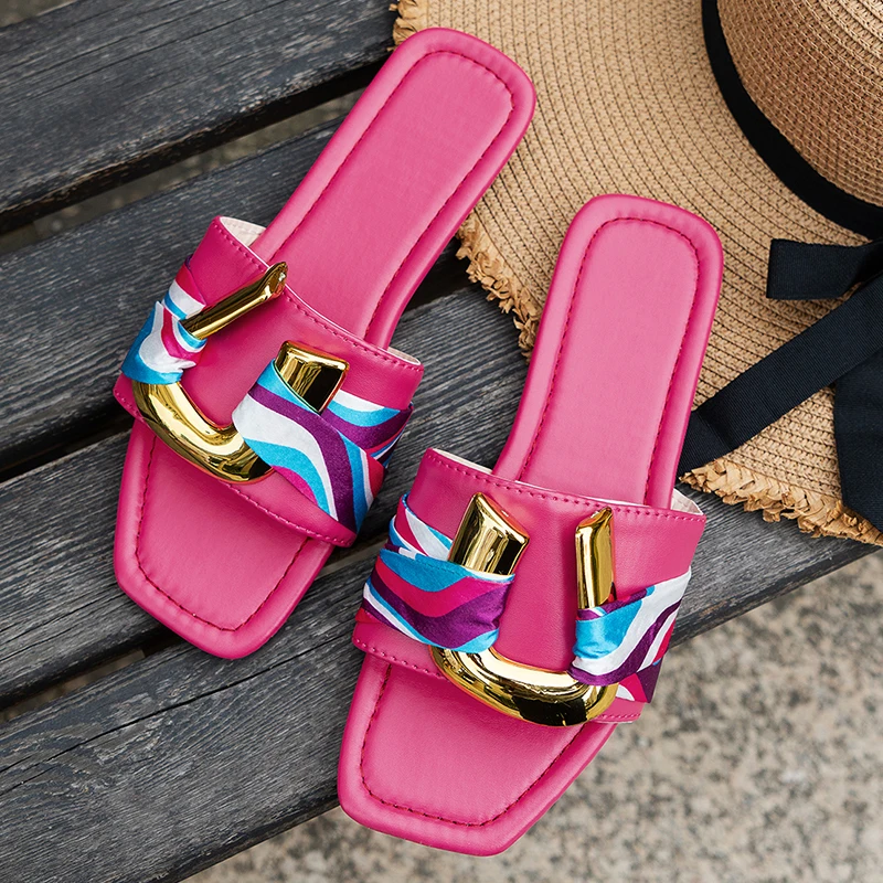 Summer Slippers Women Flat Outdoor Street Sandals Women 2023 Fashion Korean Chain Beach Flip Flops Design Pink Plus Size 36-43