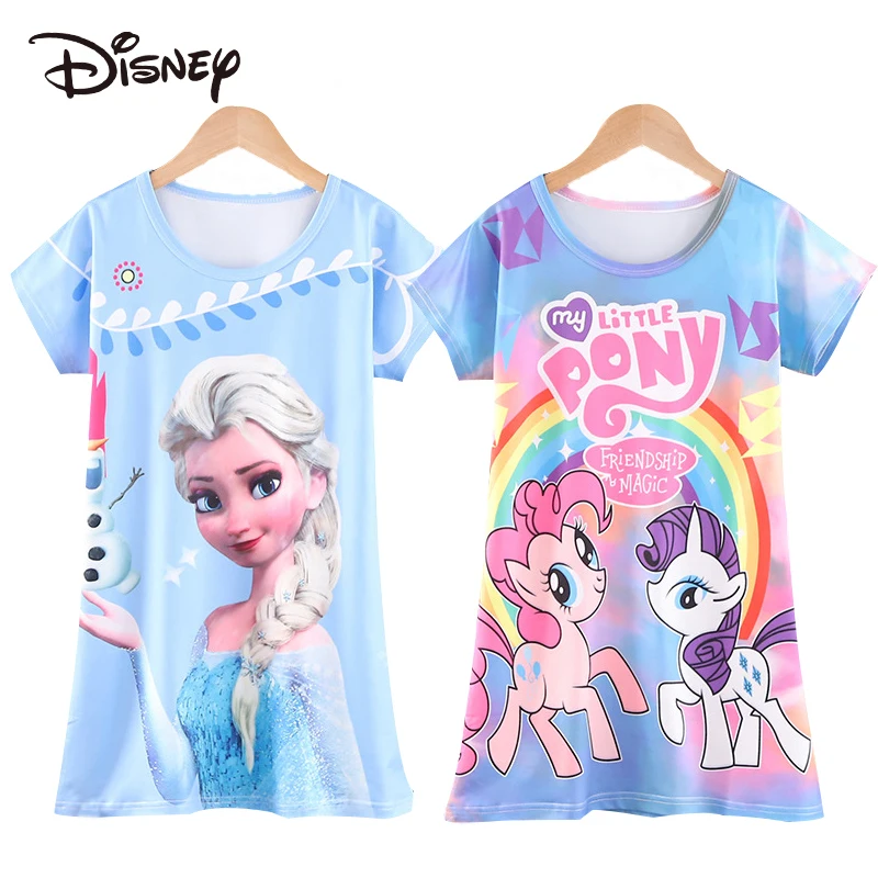 Disney Frozen Princess Elsa Nightdress Girls Summer New Cartoon Print Polyester Sleepwear Soft Thin Kawaii Home Nightgown