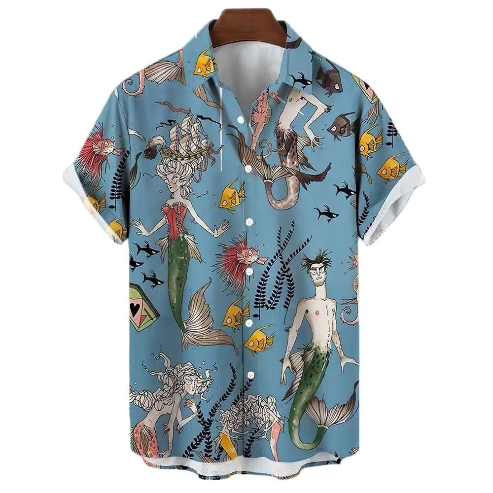 

New Summer Oversized Hawaiian High Quality Shirt Mens Designer Clothes Sailor Moon Streetwear Beach Mermaid Tunic Short Sleeve
