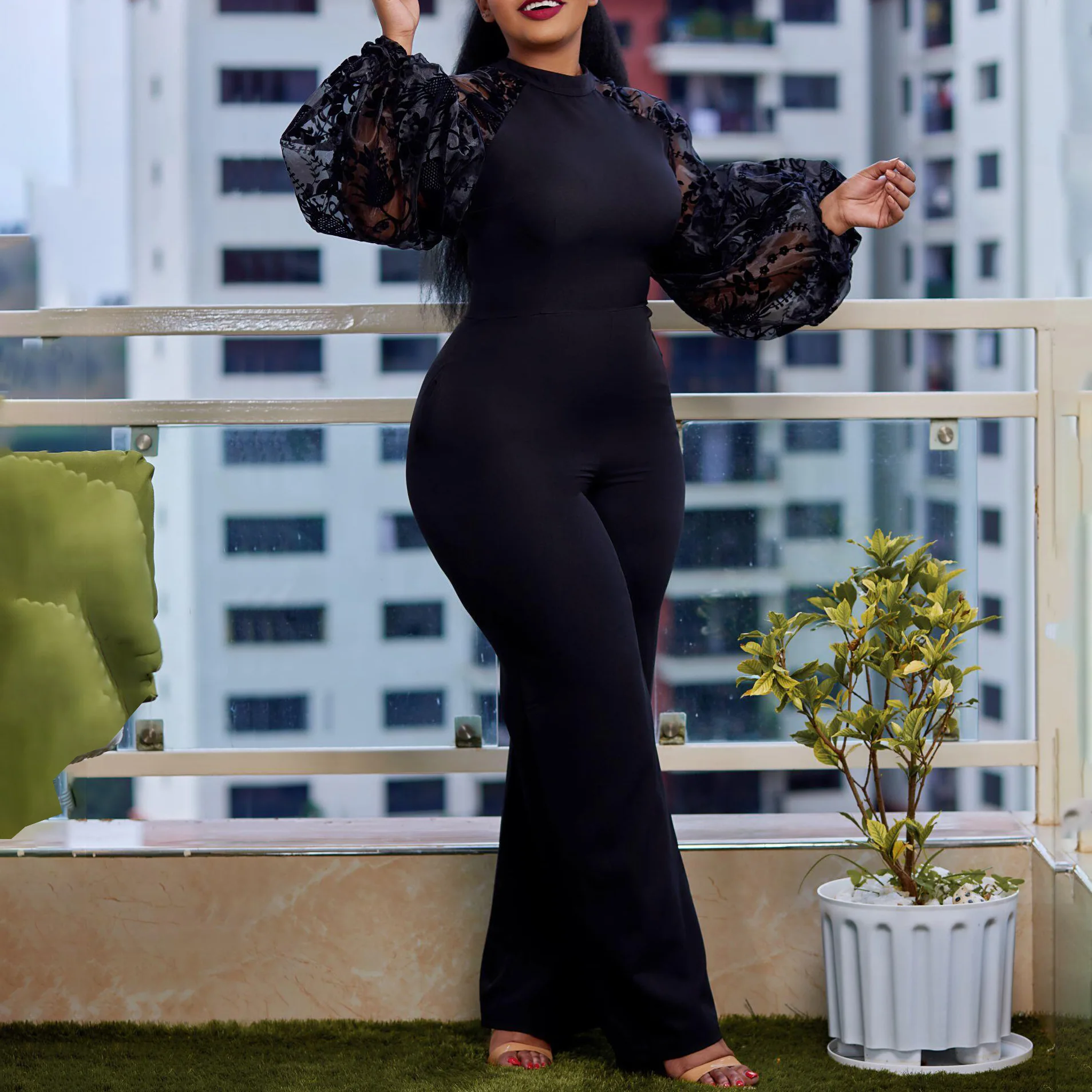 

2023 африканская одежда для женщин, летняя элегантная африканская длинная одежда с длинным рукавом и круглым вырезом, черный полиэстеровый длинный комбинезон + пояс, африканская одежда