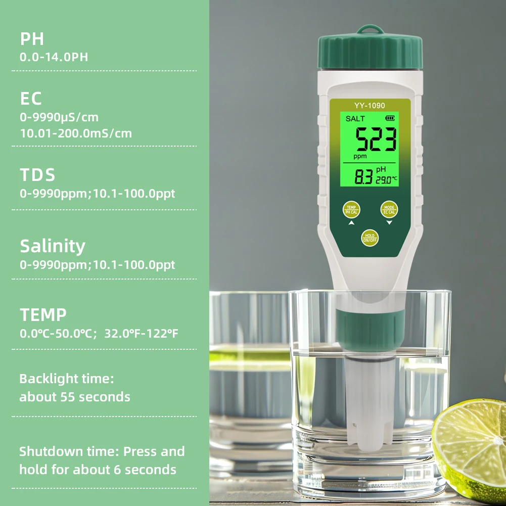 Ручка для проверки воды 5-в-1 высокоточный зонд PH/TDS/SALT/EC/TEMP тестер диеты PH бассейна
