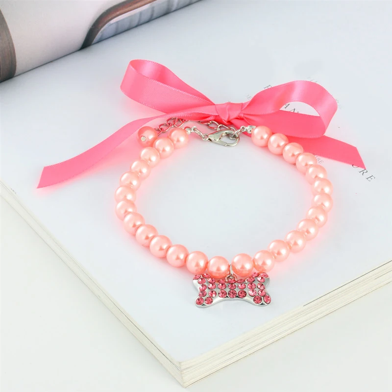 

Cute Pet Dog Cat Pearls Necklace Collar with Bling Bone Beautiful Fashion Pet Puppy Wedding Jewelry Accessories for Dogs Cats