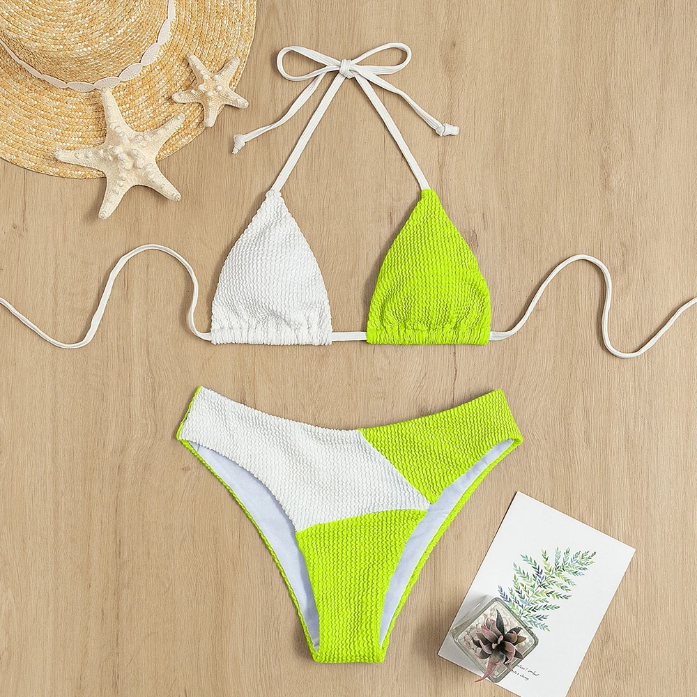 

Colorblock Women Halter Top Bikini Swimsuit High Waist Summer Textured Drawstring Triangle Swimwear Bathing Suit Beachwear Biqui