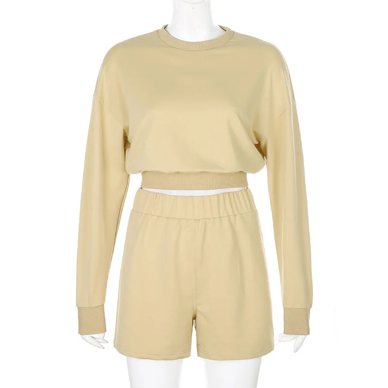 Casual Two Pieces Suits Women Spring Autumn Long Sleeve Tracksuits Solid Shorts Set New Loose Sweatshirt + Sporting Shorts Suits