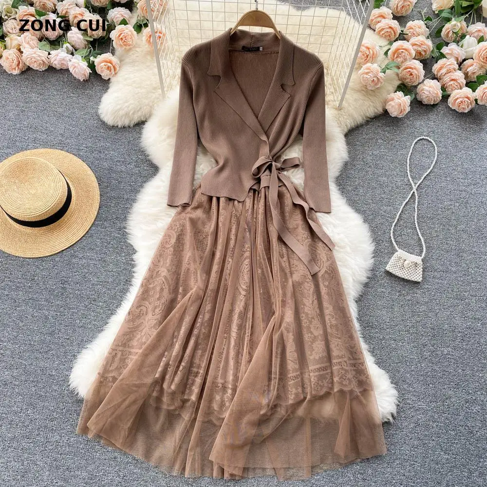 

High Quality Knitted Dress Women 2021 Autumn Notched Collar Half Sleeve High Waist Patchwork Tulle Fashion Party Midi Long Dress