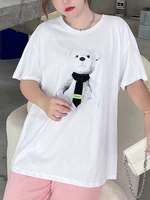 oversized women tee cotton casual long tops sweet and cool tie the bear cartoon print o neck short sleeve t shirts summer 2022