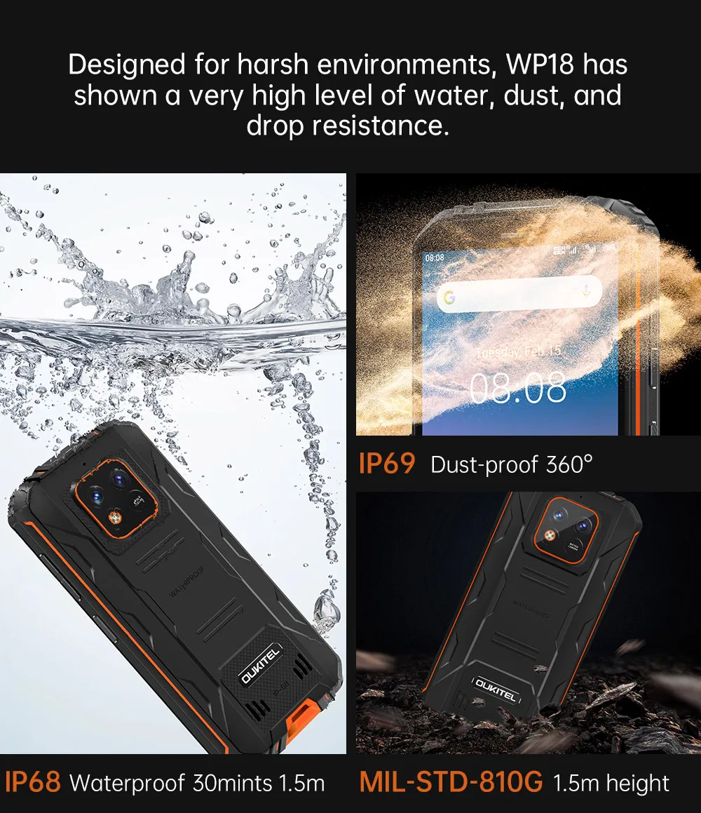 OUKITEL WP18 12500mAh Battery Rugged Smartphone 5.93'' HD Quad-Core Helio A22 4GB+32GB Cell Phone Android 11 4G Mobile Phone