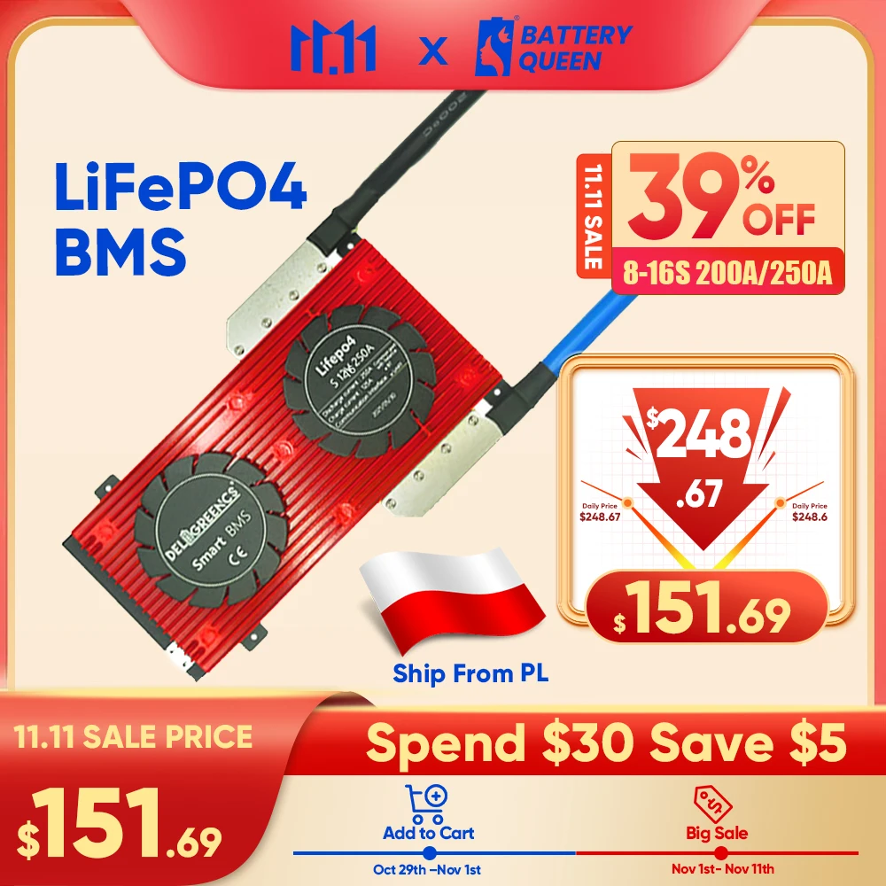 

Poland stock Balance BMS LiFePO4 Smart BMS 8S 200A 250A with Bluetooth APP for Lithium battery for 24V Prismatic Battery pack