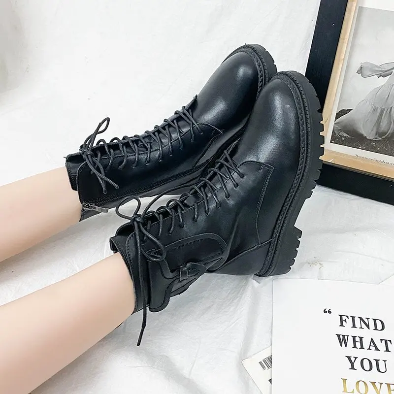 

Fashion Women's Shoes Motorcycle Boots Vintage Platform Martin Boots Genuine Leather Ankle Boots Lace Up Thick Sole