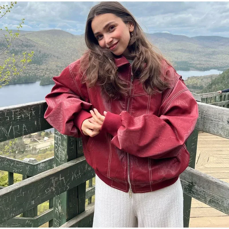 Осень 2024 женские кожаные куртки-бомберы на молнии повседневные полосатые пальто