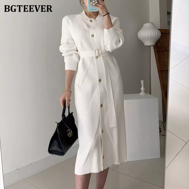 

BGTEEVER Elegant O-neck Single-breasted Women Solid Sweater Dress OL Style Long Sleeve Belted Knitted Mid-length Dress Female