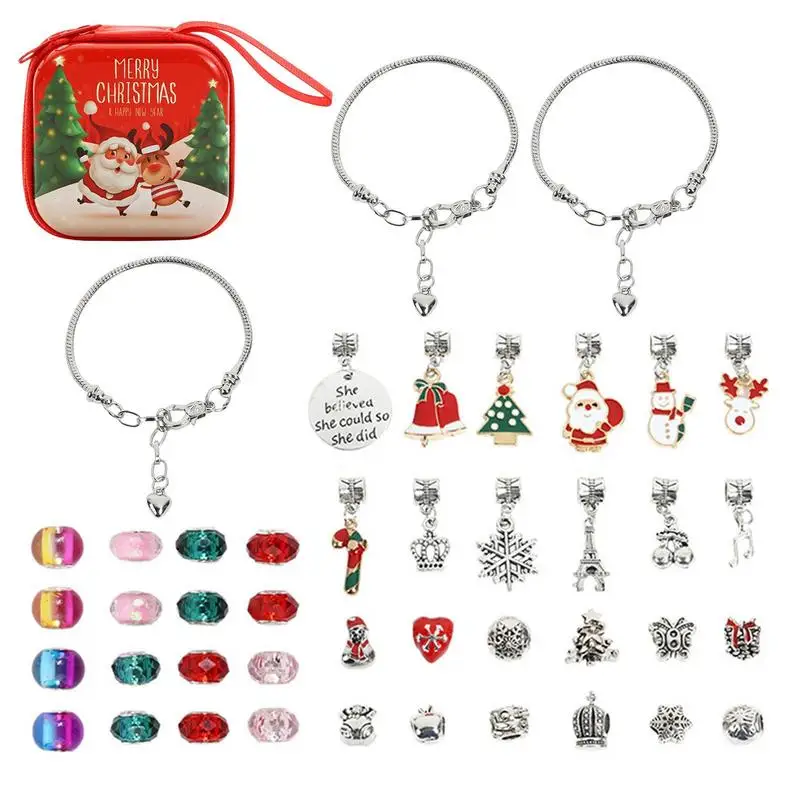 

Christmas Charm Bracelet Kit DIY Jewelry Making Supplies Necklace For DIY Craft 3 Bracelets 16 Colored Glass Beads 12 Alloy
