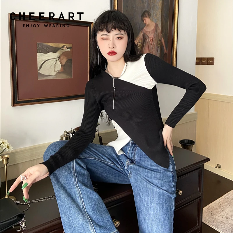 

CHEERART Black And White Patchwork Sweater Women Knit Top Korean Fashion Wrap V Neck Ribbed Top Knitted Sweater Pullovers