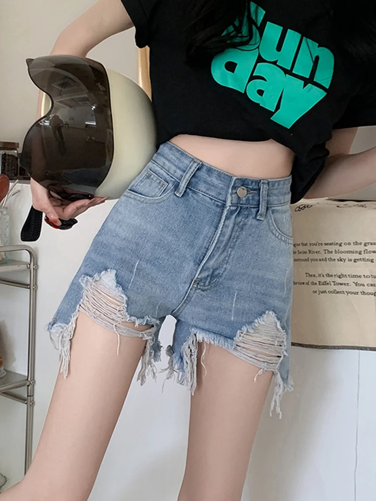 New Spring Summer Women High Waist Loose Frayed Hole Denim Shorts Streetwear Female Button Wide Leg Jeans Shorts