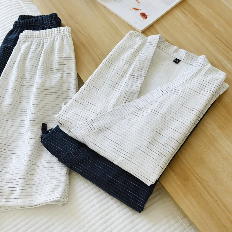 Kimono Pajamas Men's Short-sleeved Shorts Japanese Summer Mens Loose Simple Cotton Striped Sweat Steamed Suit Pantalon Pijama