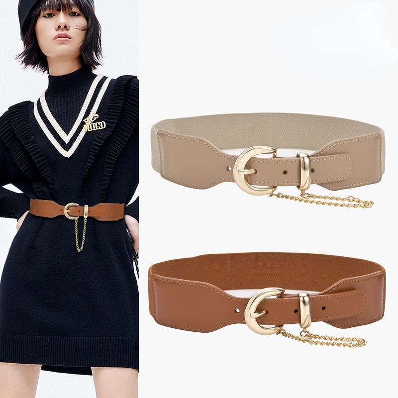 New Leather Elastic Chain Waist Seal Women's Simple All-match Dress Accessories Luxury Designer High-quality Elastic Belt