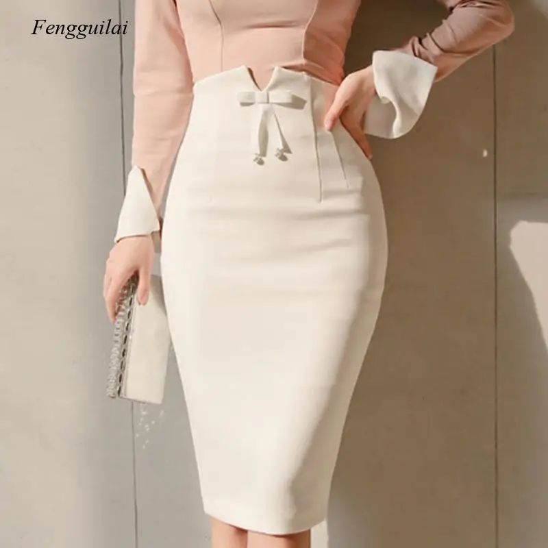 High Waist Midi Skirt Women Spring Summer Office Korean Elegant Split Back Sexy White Bodycon Pencil Skirt