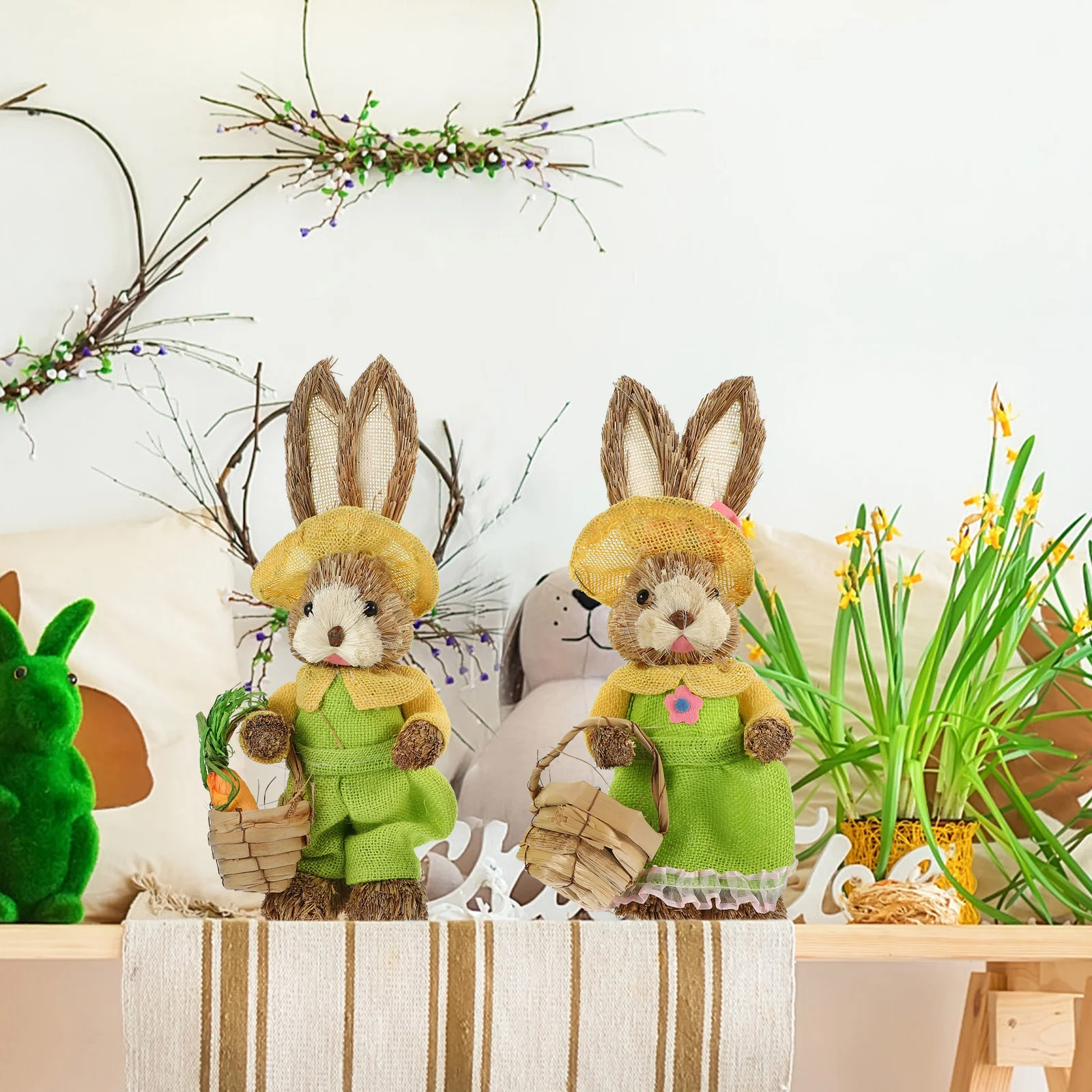 

Статуэтка зайчика пасхального кролика, декоративная плетеная статуя из соломы, статуэтка, украшение для сада, стоячее весеннее украшение