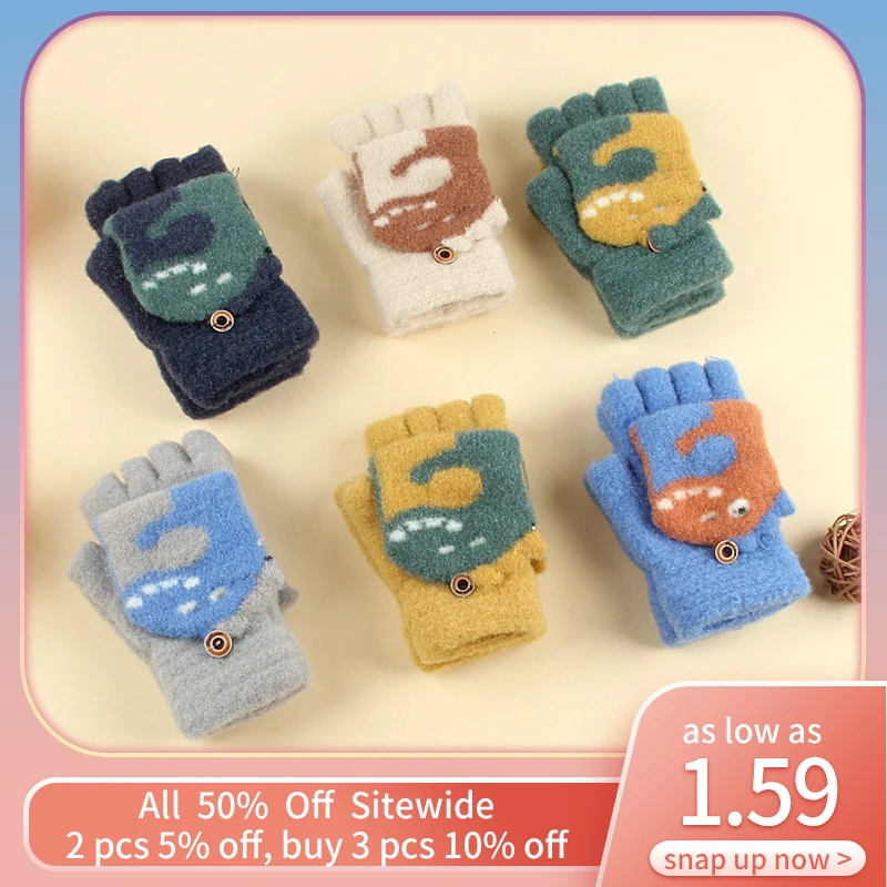 

Детские вязаные Перчатки От 2 до 10 лет с мультяшным крокодиловым клапаном и полупальцами, студенческие Перчатки, зимние теплые Перчатки для ...