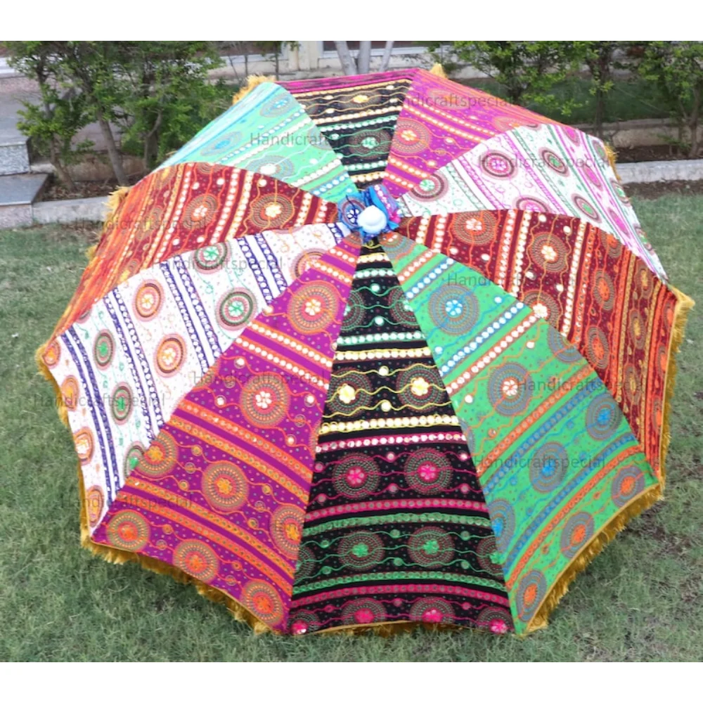 

Big Garden Indian Parasol Umbrella Outdoor Patios Multi Color Henna Mehndi Décor Garden Umbrella Handmade Decorative