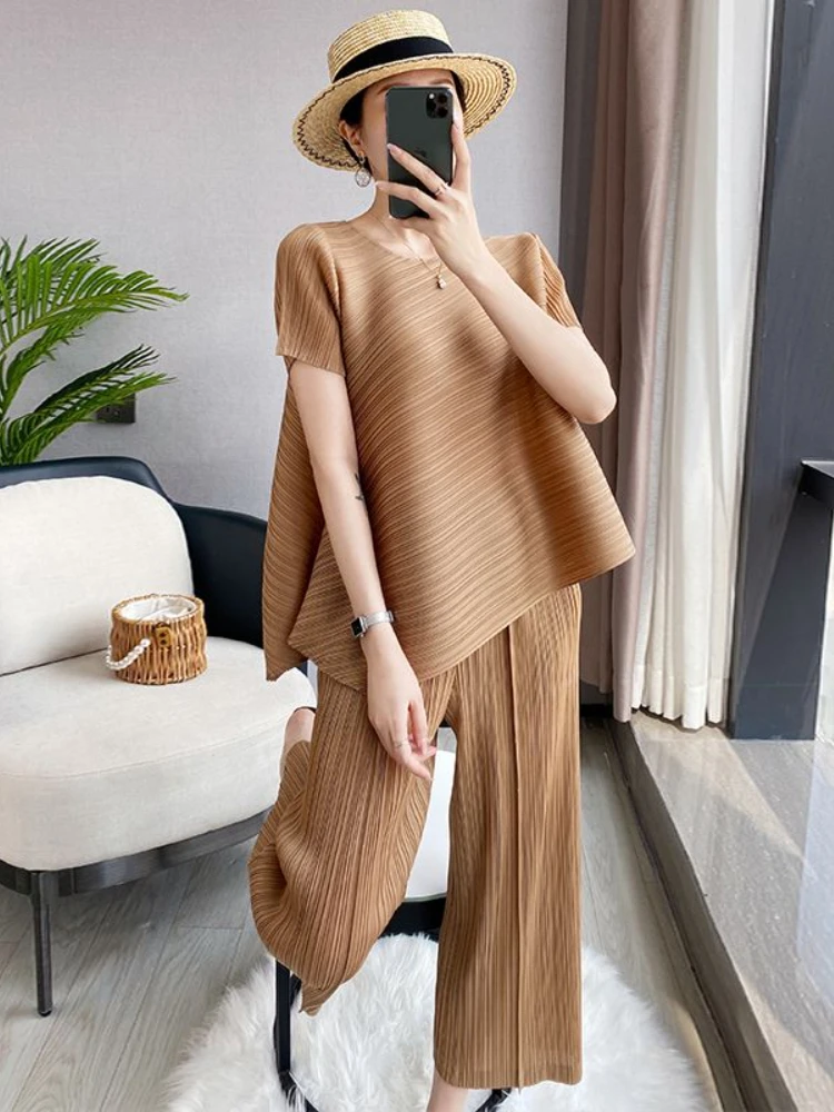 

Элегантные женские комплекты, корейский Модный комплект из 2 предметов, летние новые подходящие комплекты, топы, брюки с широкими штанинами, костюмы, уличная одежда