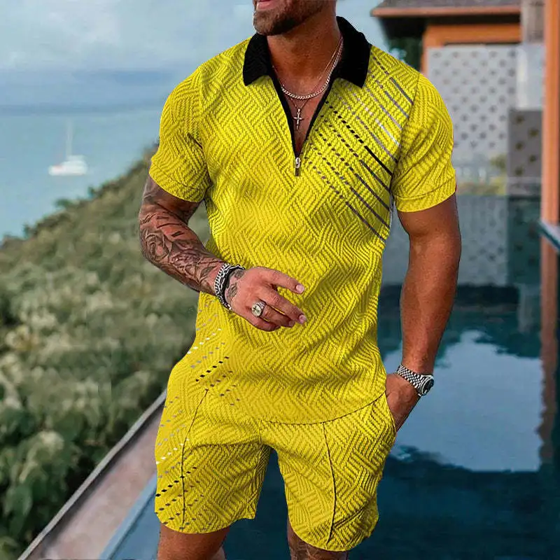2023 Summer Fashion Sports Suit Zipper Polo Shirt 2-piece Men's Oversized Business Casual Print Suit Men Clothing Oversized Size