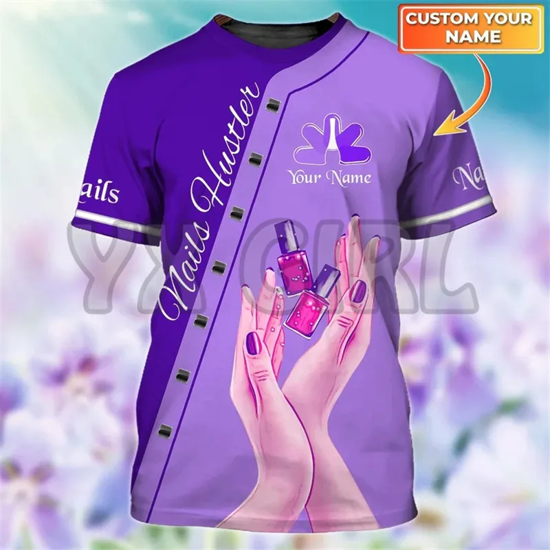 

2022 Summer Personalized Nails Hustler 3D Custom name Purple T-shirt women T shirts
