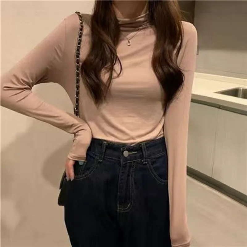 

2022 Women Pullover Turtleneck Sweater Autumn Long Sleeve Slim Elastic Korean Simple Basic Cheap Jumper Solid Color Top Y2k