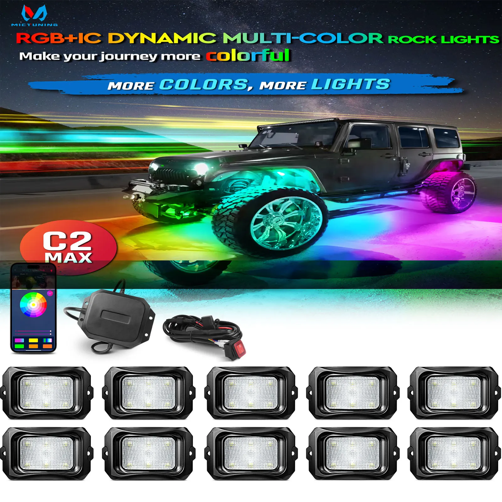 MICTUNING C2 RGBIC LED Rock Lights Kit 10-струльный комплект освещения подсветки с беспроводным