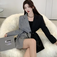 womens suits and jackets popular womens fashion splicing autumn plaid long sleeve belts korean office ladies