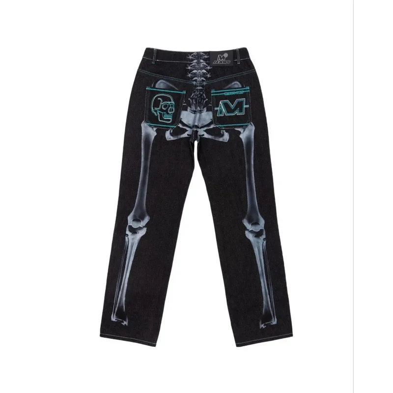 Y2k Джинсовые брюки в стиле хип-хоп с принтом черепа и высокой талией уличные