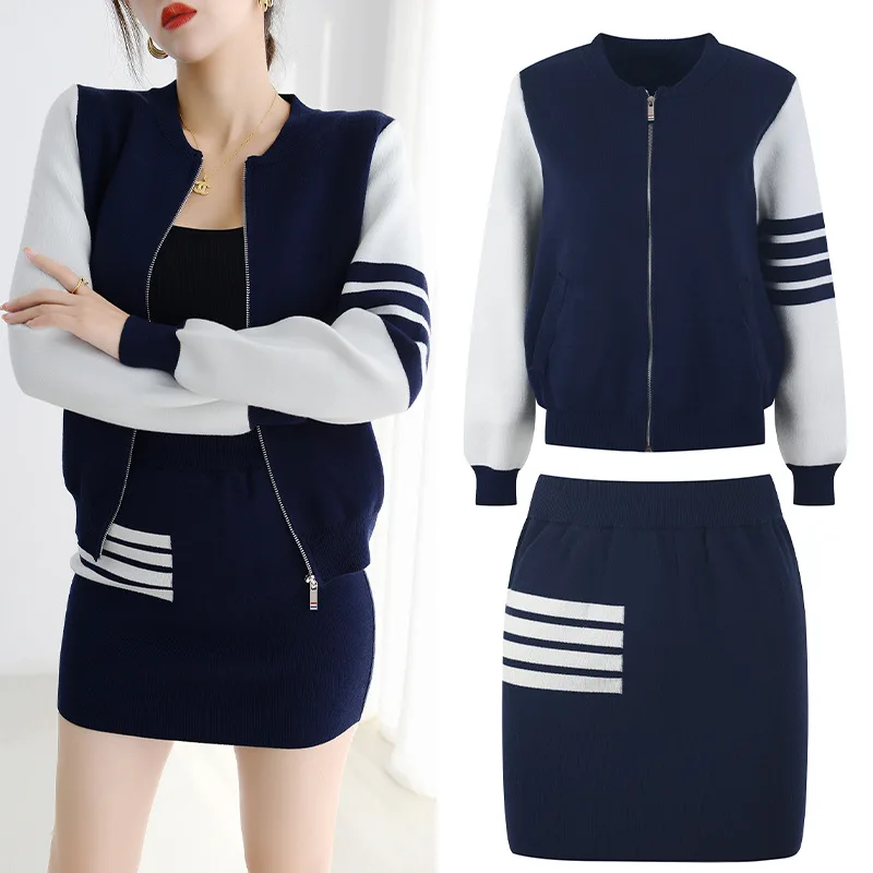 Small suit knitted lazy two-piece TB baseball uniform jacket jacket bag hip short skirt half skirt female autumn and winter tide