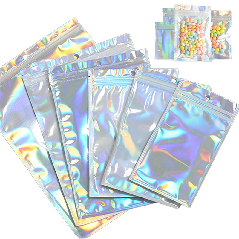 Купи 20Pcs Iridescent Zip lock Bags Pouches Cosmetic Plastic Laser Iridescent Bags Holographic Makeup Bags Hologram Zipper Bags за 47 рублей в магазине AliExpress