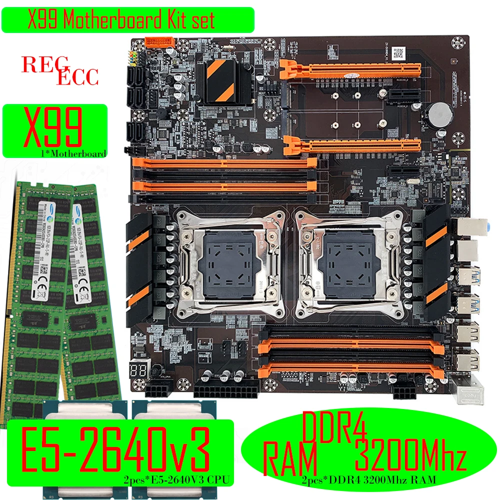 

X99 Motherboard Dual DDR4 2011v3 Server Desktop Computer With 2011-3 XEON E5 2640 V3*2 With 2* 8GB = 16GB 3200MHz REG ECC Memory
