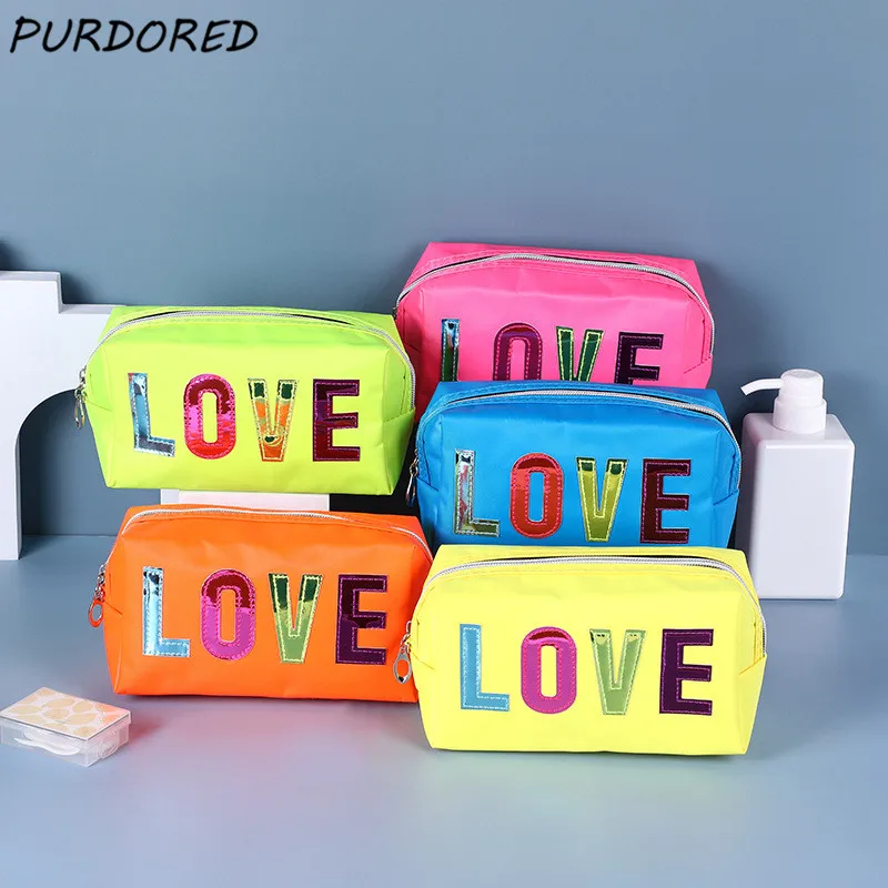 

PURDORED 1 Pc Spring New Love Letter Makeup Bag Zipper Large Candy Color Cosmetic Bag Travel Make Up Toiletry Bag Washing Pouch