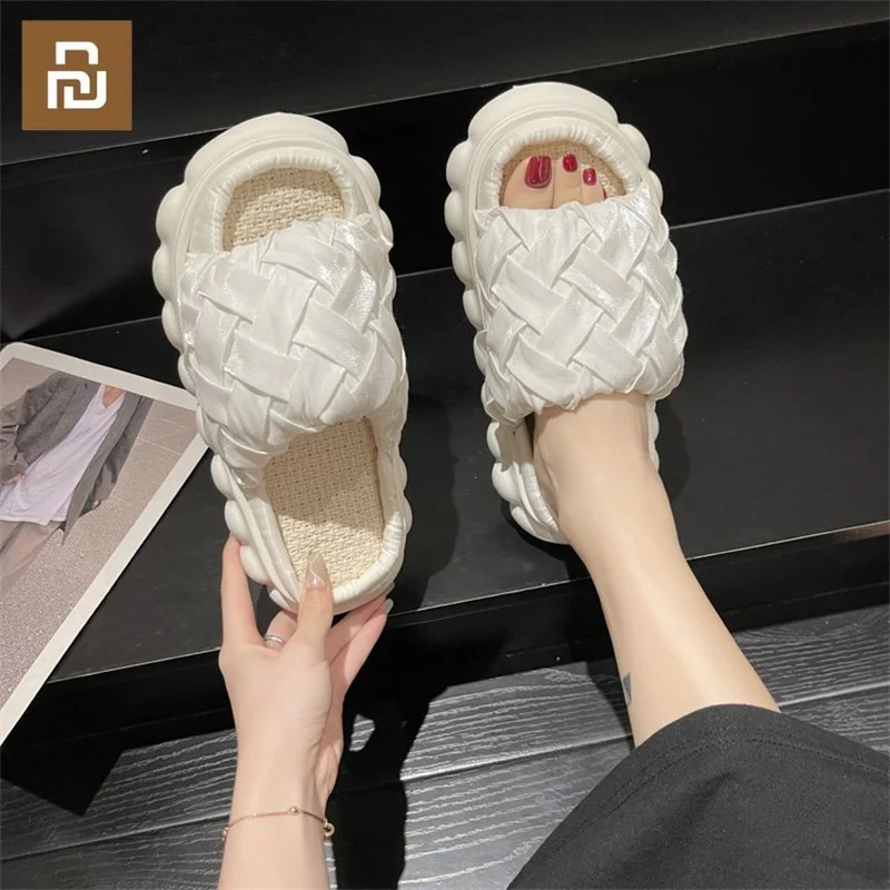 

Youpin Women Platfrom Slippers Breathable Flax Indoor Slipper Woman's Summer Slides Solid Color Satin Shoes Ladies Home House