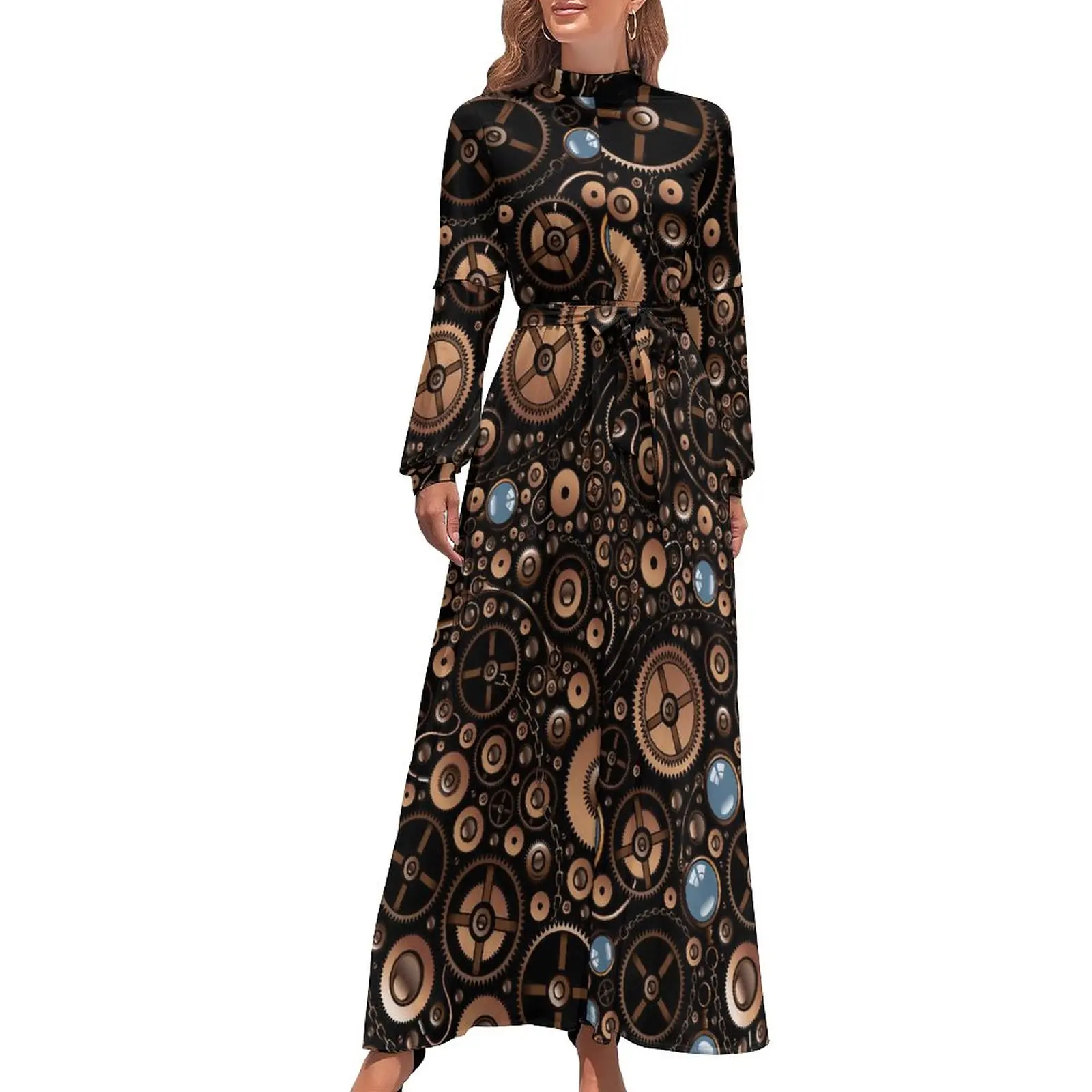 

Vintage Steampunk Dress Gears Style Stylish Bohemia Dresses Woman Long Sleeve High Waist Sexy Long Maxi Dress