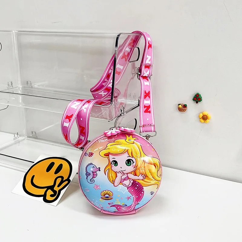 

Kindergarten Baby Girls Round Shoulder Bags Cartoon Mermaid Children Coin Purse Handbags Kids Princess Accessories Crossbody Bag