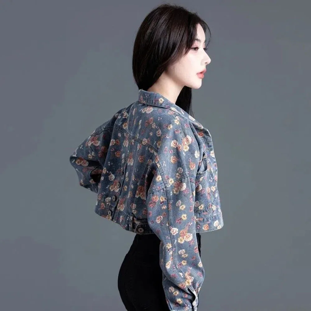 Женская джинсовая куртка с высокой талией короткая цветочным принтом верхняя