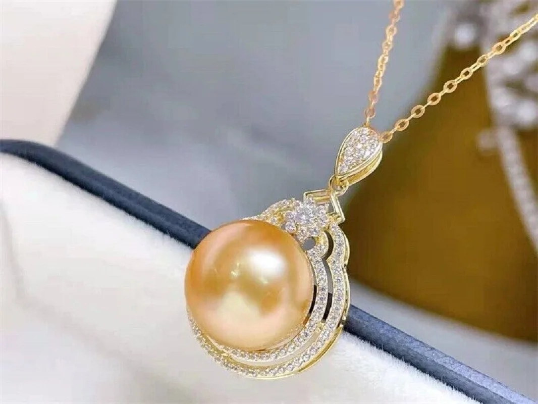 

AA 12-13mm Natural South China Sea Pearl Pendant Necklace 18 inch 18K Gold Plated Fashi