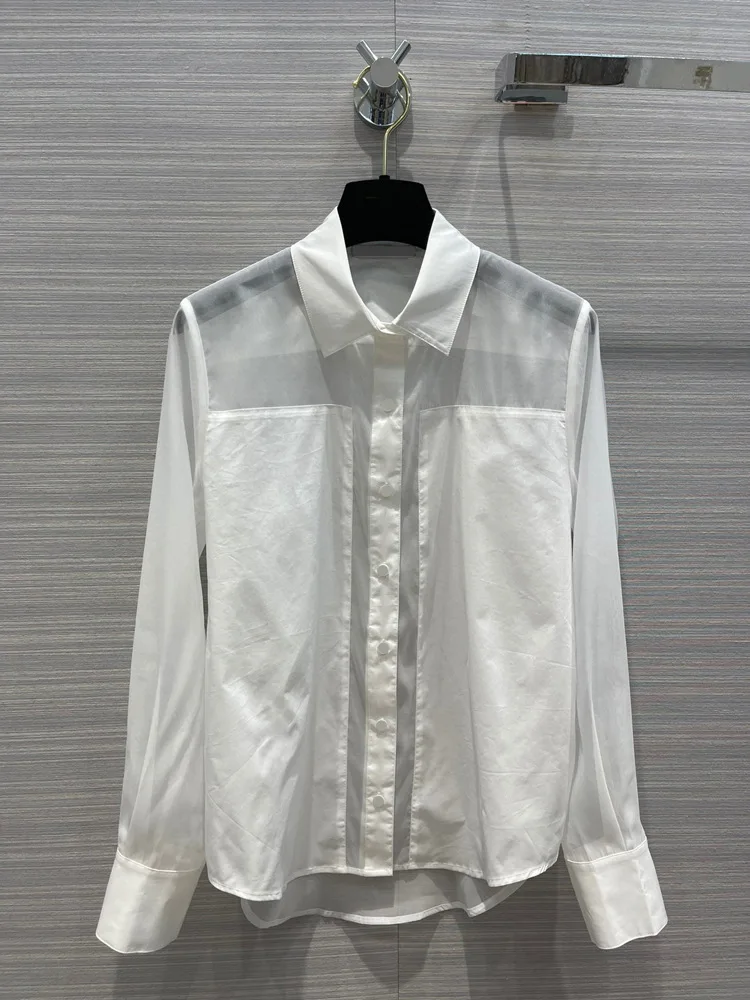 

White Shirt Organza Stitching Long-sleeved Shirt Sexy Careful Machine See-through Top Women's Spring and Autumn High-end Shirts
