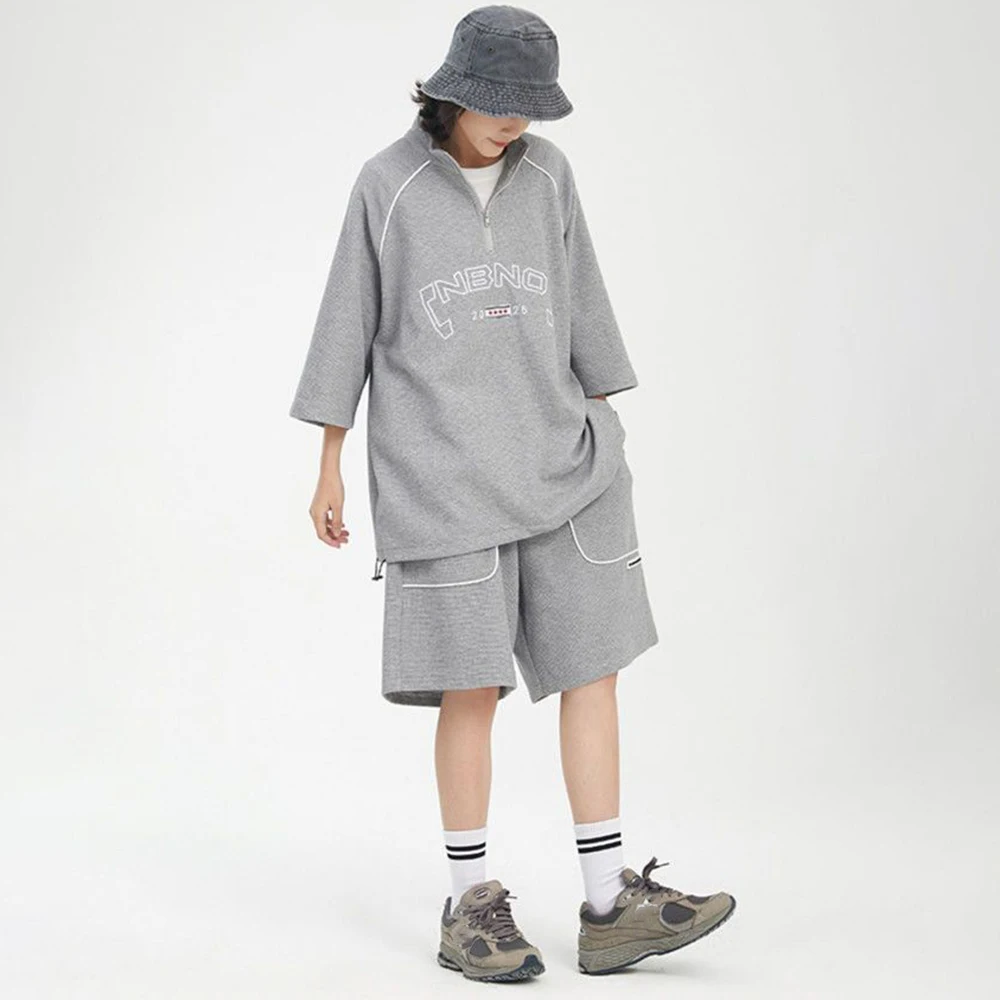 2023 Summer Thin Waffle Casual Sports Suit Y2K Street Hiphop Short-sleeved Polo Shirt Shorts Two-piece Suit Men's Clothing