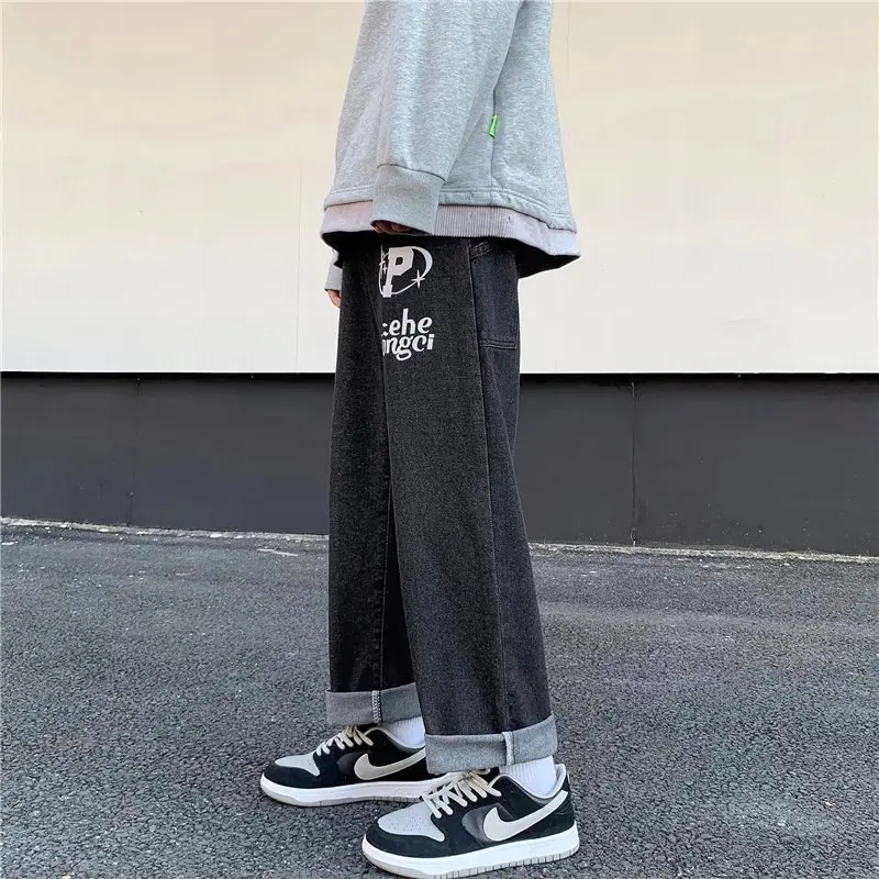 2022 New Fashion Letter Print Straight Men Baggy Jeans Trousers Hip Hop Loose Wide Daily Casual Cozy Denim Pants Pantaloni Uomo