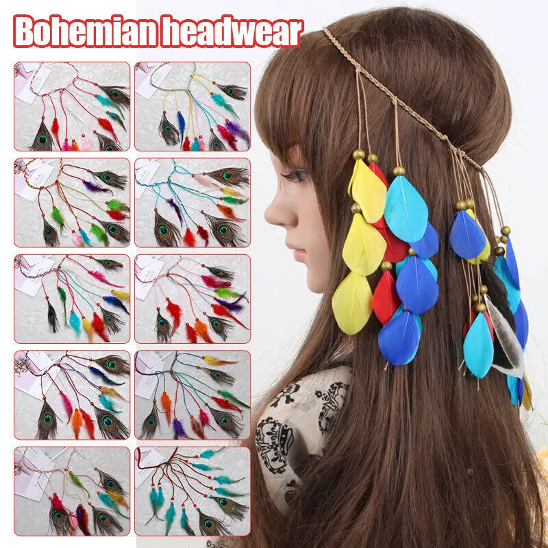 

Indian Gypsy Feather Headdress Headband Hair Rope Fancy Dress Party Hippie Bohemian Feather Headbands for Women Party Jewelry