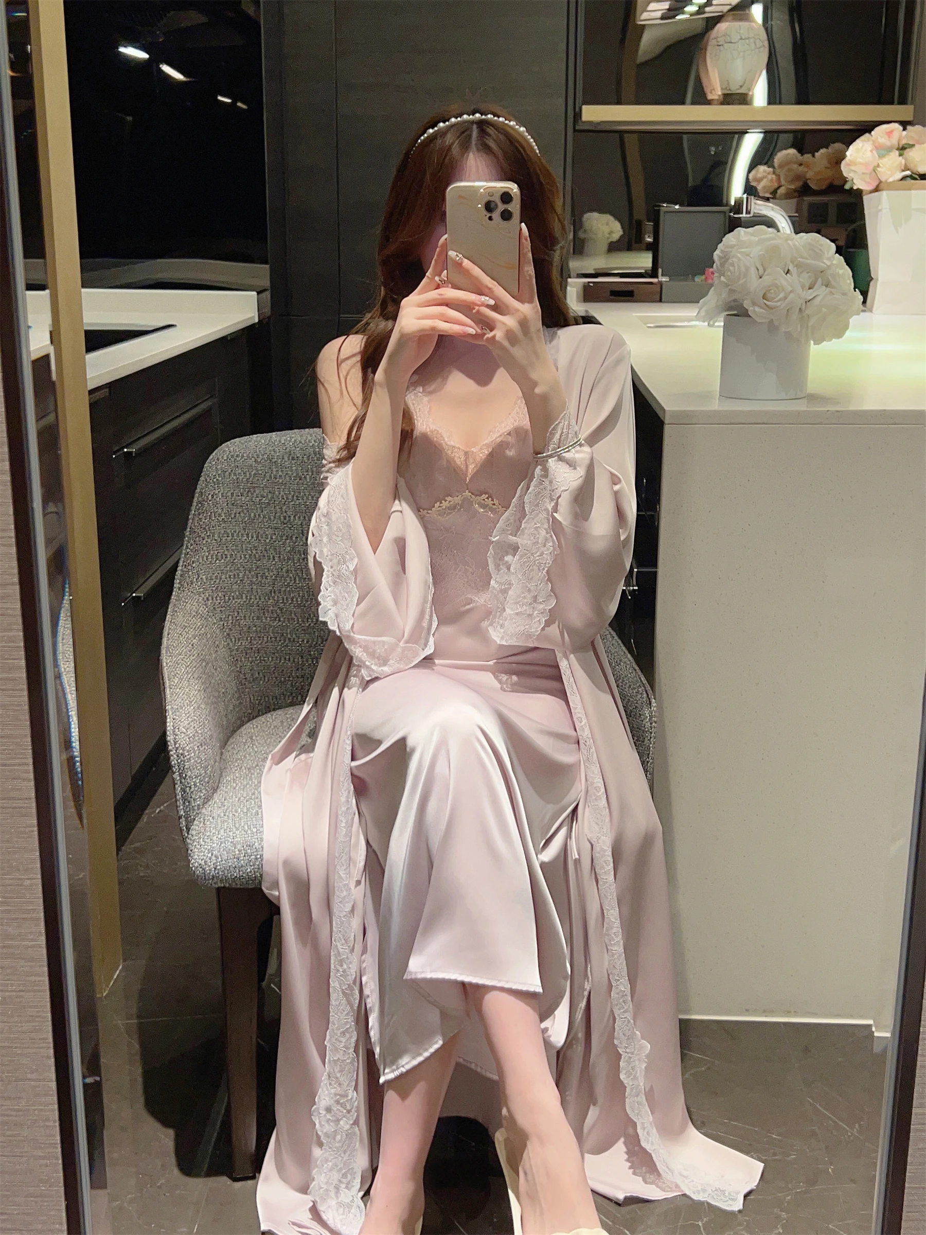 

Женская пижама, халат, ночная рубашка, комплект из 2 предметов, романтичная кружевная сетчатая Пижама, Сексуальная Домашняя одежда в дворцовом стиле принцессы с длинным рукавом для женщин